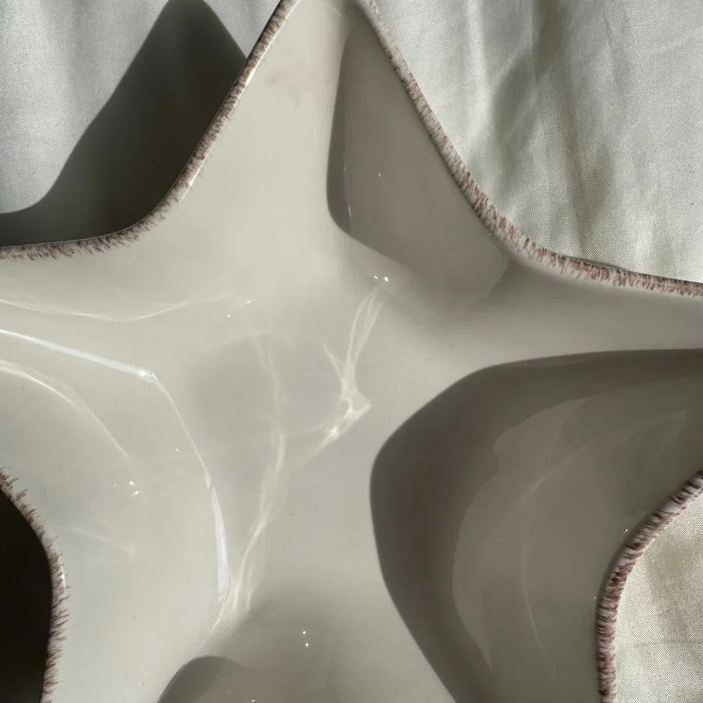EUC, Pottery Barn Star Shape Serving Dish, Ceramic, Cream with Brown Trim, 7 in.